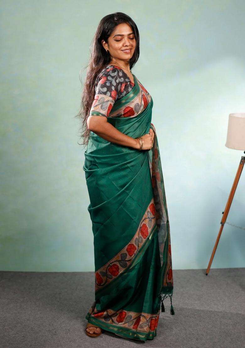 Sea Green Printed Synthetic Tussar Silk Saree With Contrast Border For Women - Indya