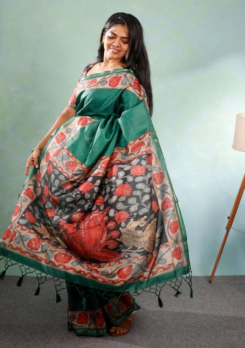 Sea Green Printed Synthetic Tussar Silk Saree With Contrast Border For Women - Indya