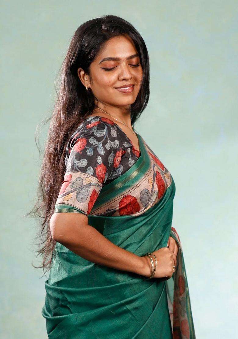 Sea Green Printed Synthetic Tussar Silk Saree With Contrast Border For Women - Indya