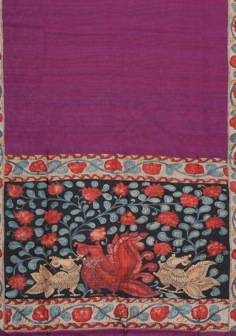 Magenta Printed Synthetic Tussar Silk Saree With Contrast Border For Women - Indya