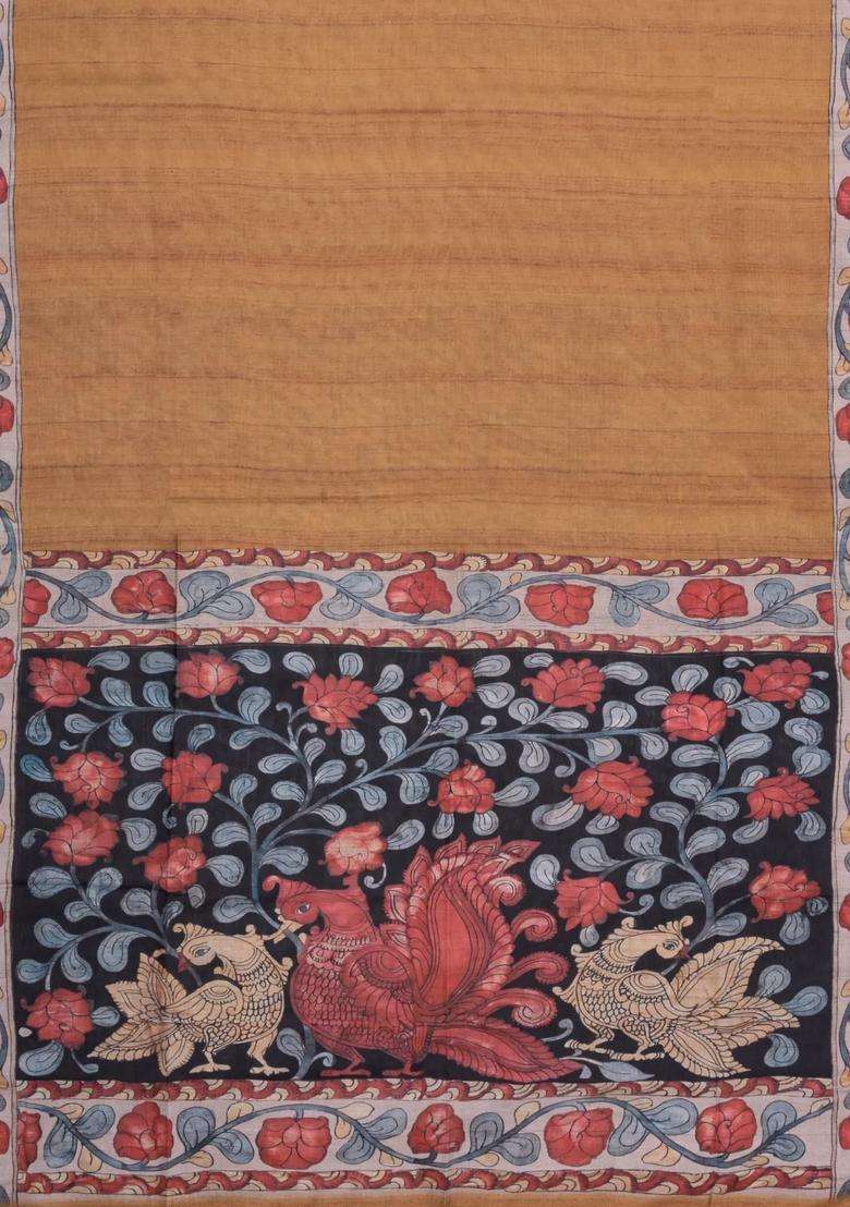Beige Printed Synthetic Tussar Silk Saree With Contrast Border For Women - Indya