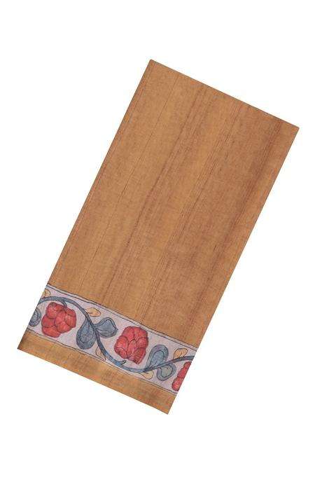 Beige Printed Synthetic Tussar Silk Saree With Contrast Border For Women