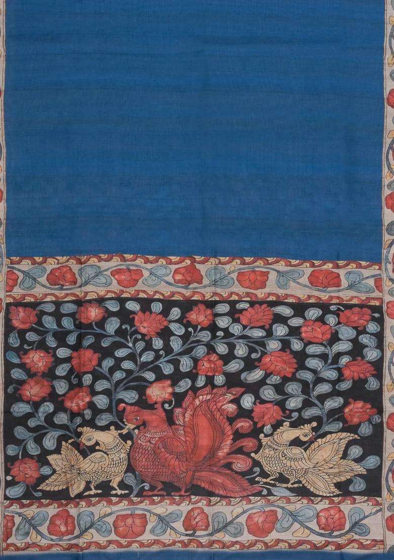 Indigo Printed Synthetic Tussar Silk Saree With Contrast Border For Women - Indya