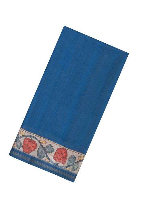 Indigo Printed Synthetic Tussar Silk Saree With Contrast Border For Women