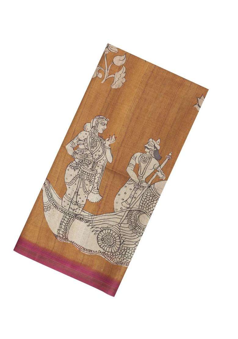 Beige Printed Synthetic Tussar Silk Saree With Contrast Border For Women - Indya