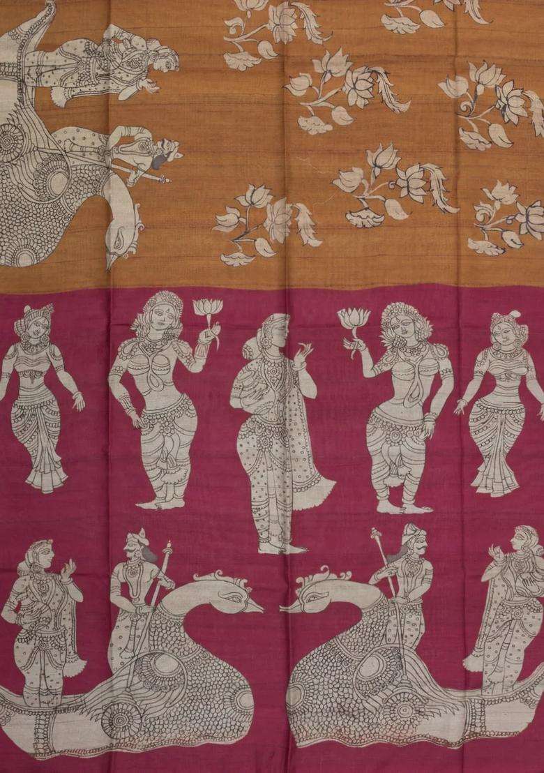 Beige Printed Synthetic Tussar Silk Saree With Contrast Border For Women - Indya