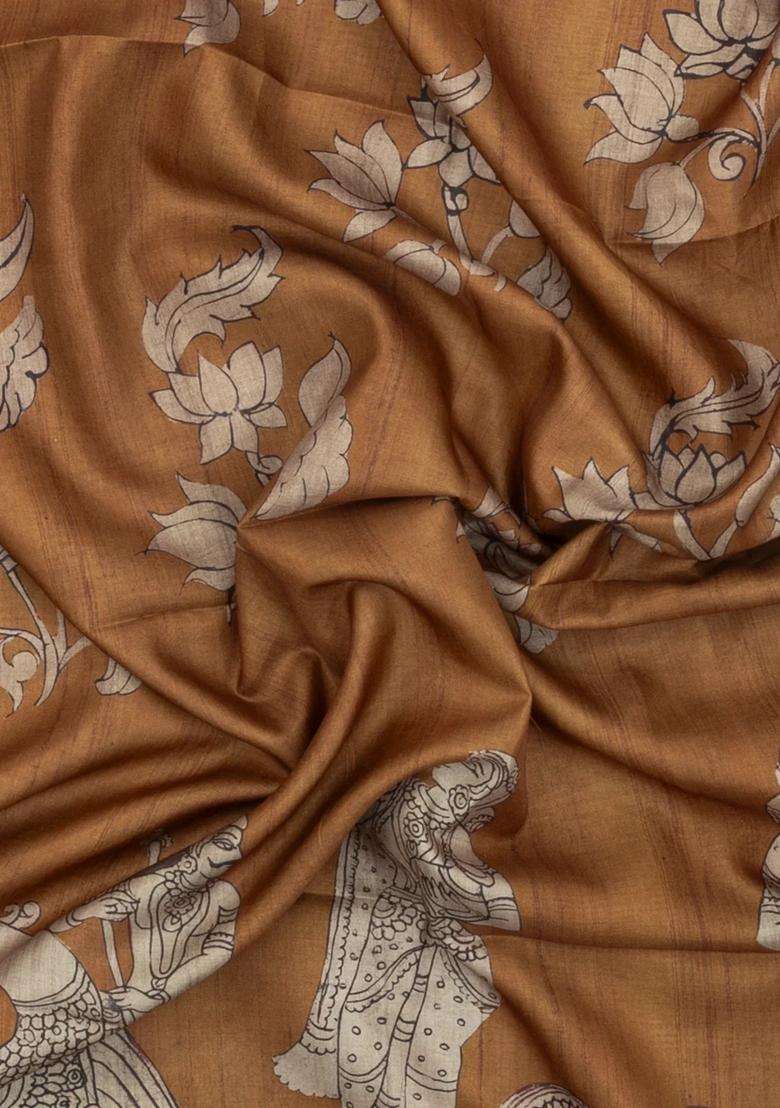 Beige Printed Synthetic Tussar Silk Saree With Contrast Border For Women - Indya