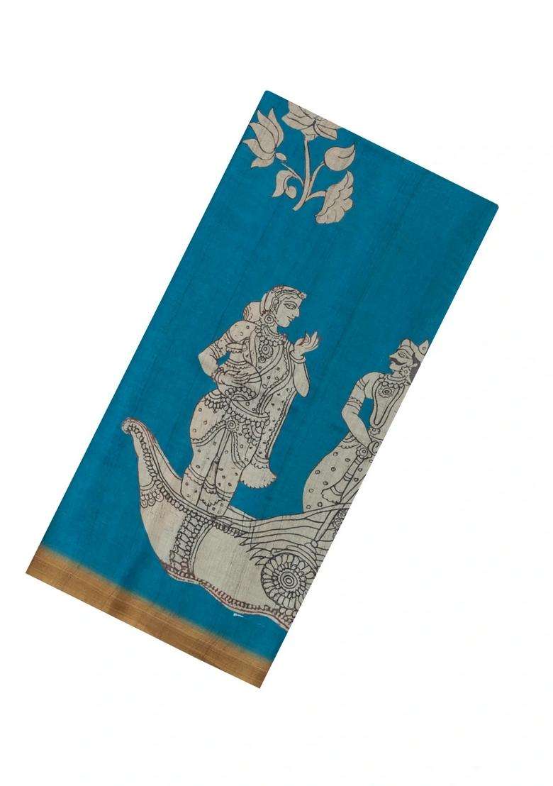 Blue Printed Synthetic Tussar Silk Saree With Contrast Border For Women - Indya