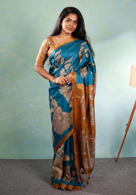 Blue Printed Synthetic Tussar Silk Saree With Contrast Border For Women