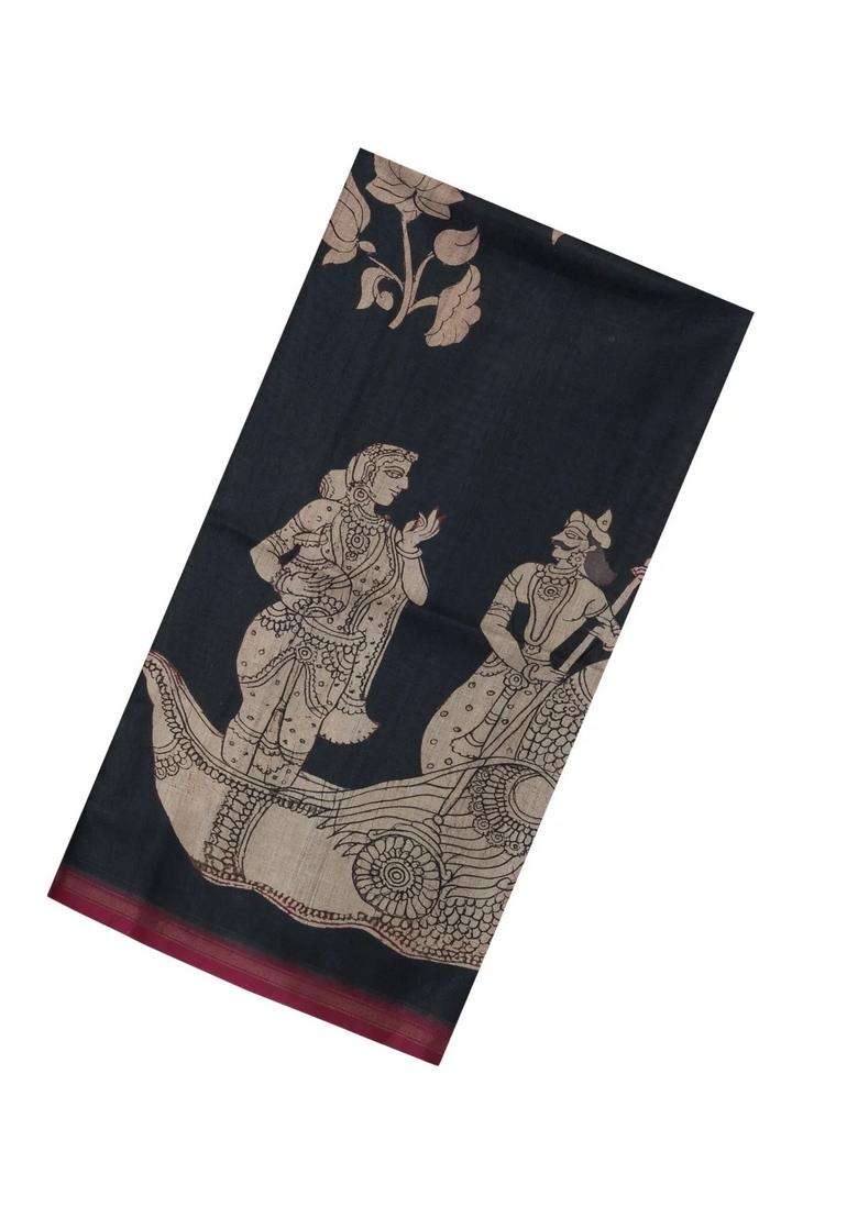 Black Printed Synthetic Tussar Silk Saree With Contrast Border For Women - Indya