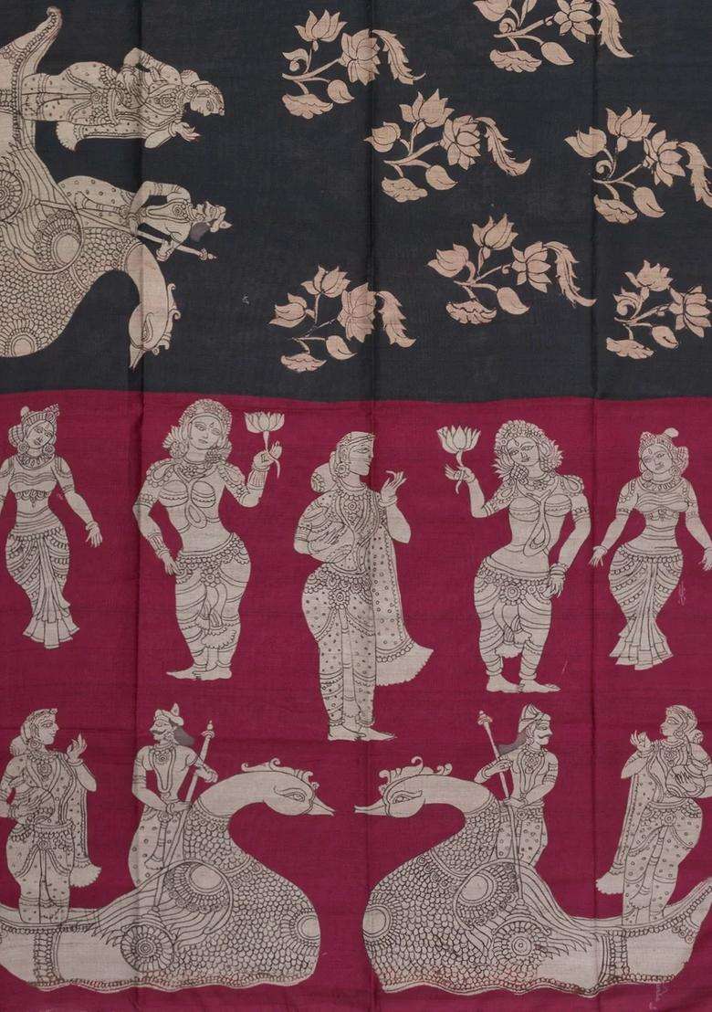 Black Printed Synthetic Tussar Silk Saree With Contrast Border For Women - Indya