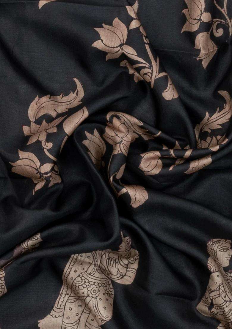 Black Printed Synthetic Tussar Silk Saree With Contrast Border For Women - Indya