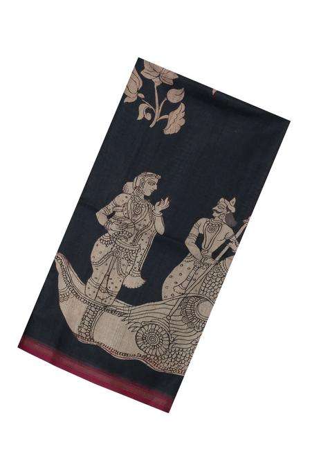 Black Printed Synthetic Tussar Silk Saree With Contrast Border For Women