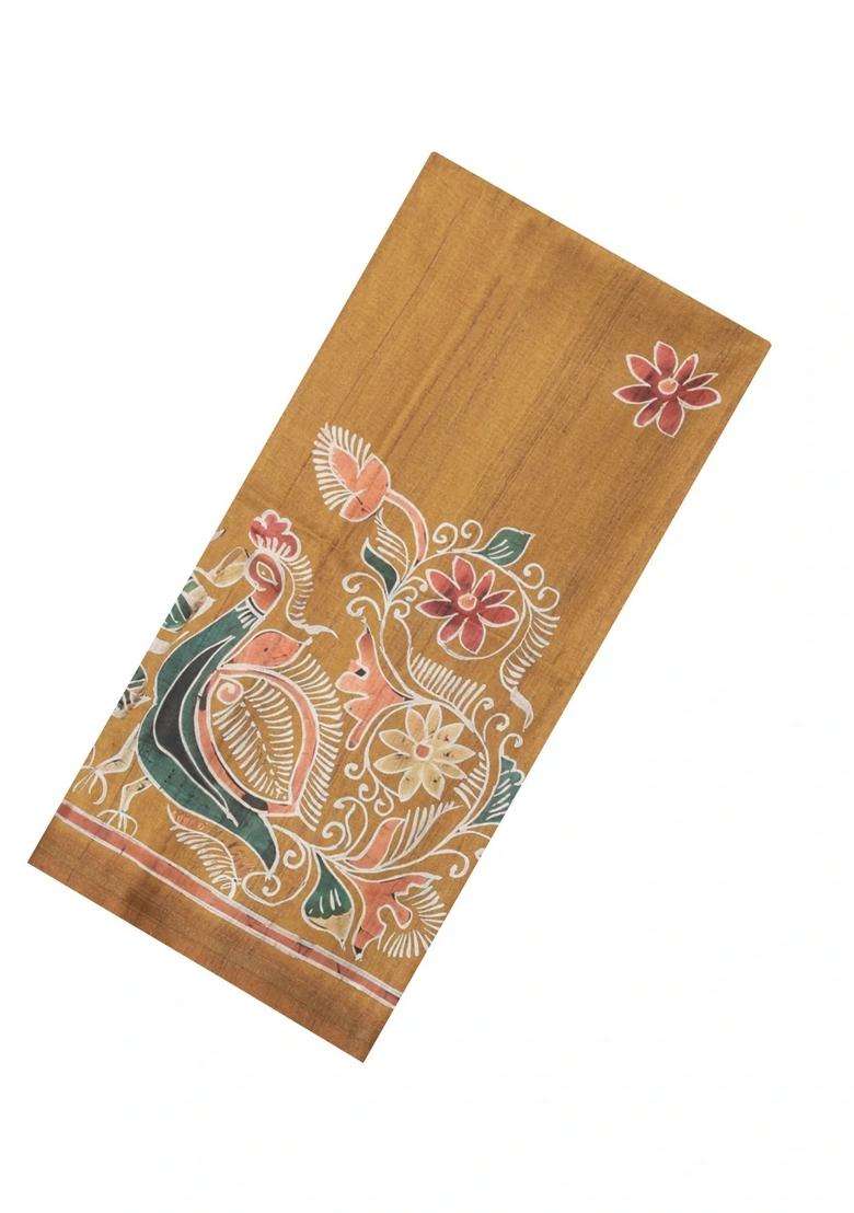 Beige Printed Synthetic Tussar Silk Saree With Contrast Border For Women - Indya