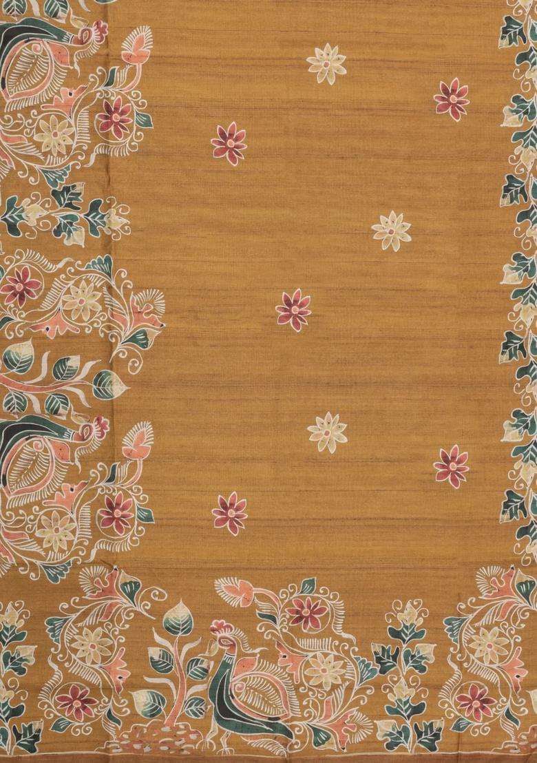Beige Printed Synthetic Tussar Silk Saree With Contrast Border For Women - Indya