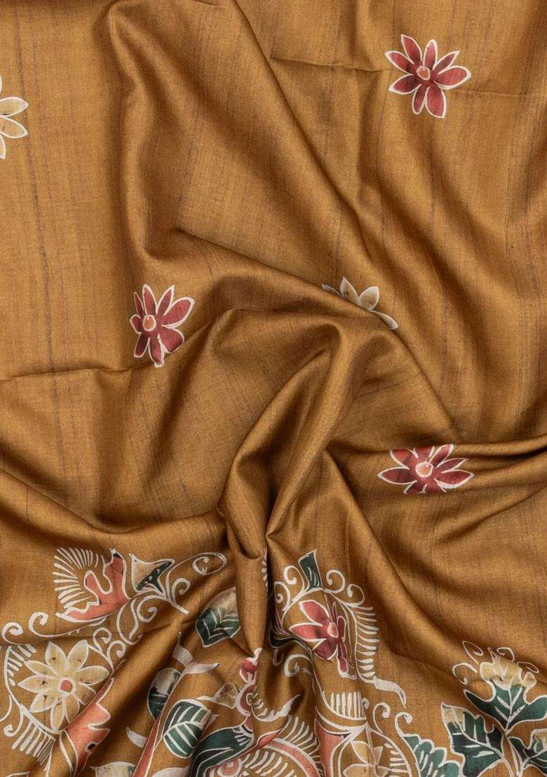 Beige Printed Synthetic Tussar Silk Saree With Contrast Border For Women - Indya