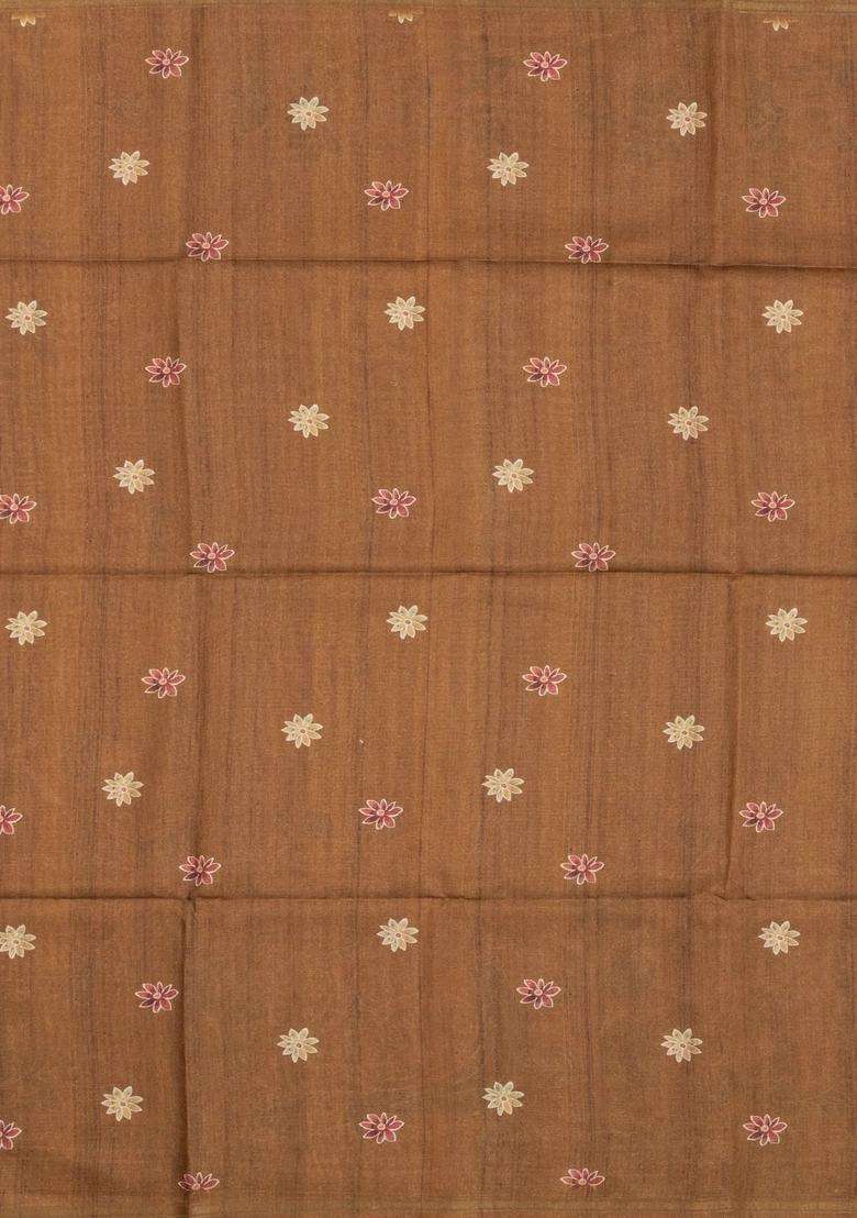 Beige Printed Synthetic Tussar Silk Saree With Contrast Border For Women - Indya