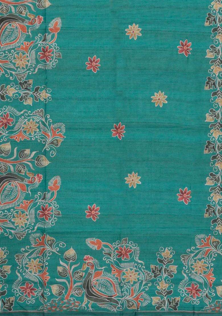 Green Printed Synthetic Tussar Silk Saree With Contrast Border For Women - Indya