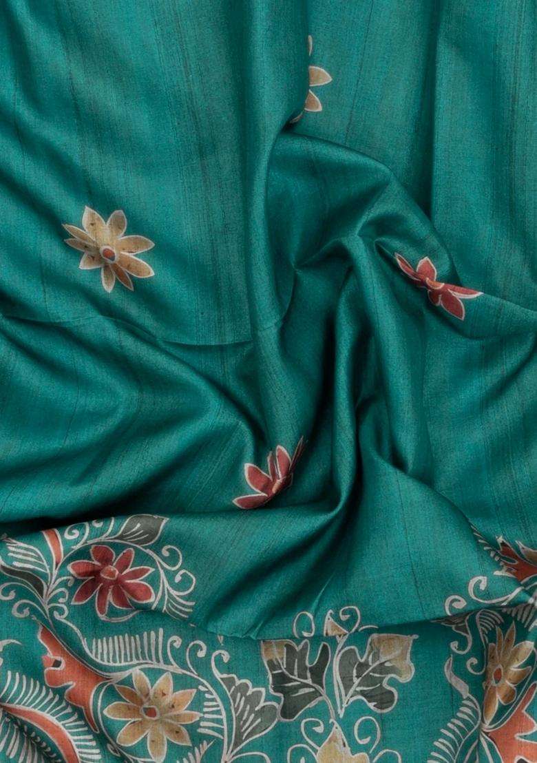 Green Printed Synthetic Tussar Silk Saree With Contrast Border For Women - Indya