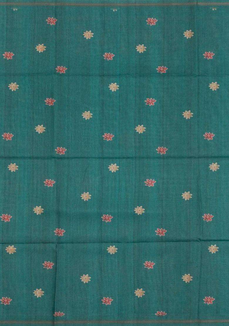 Green Printed Synthetic Tussar Silk Saree With Contrast Border For Women - Indya