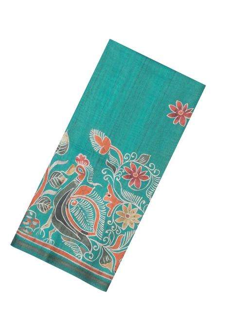 Green Printed Synthetic Tussar Silk Saree With Contrast Border For Women