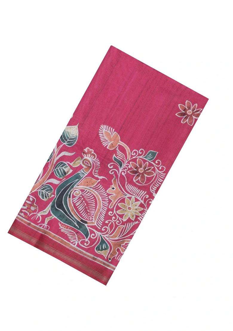 Pink Printed Synthetic Tussar Silk Saree With Contrast Border For Women - Indya