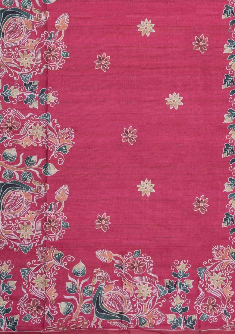 Pink Printed Synthetic Tussar Silk Saree With Contrast Border For Women - Indya