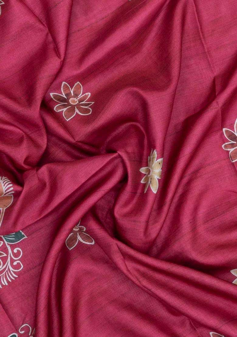 Pink Printed Synthetic Tussar Silk Saree With Contrast Border For Women - Indya