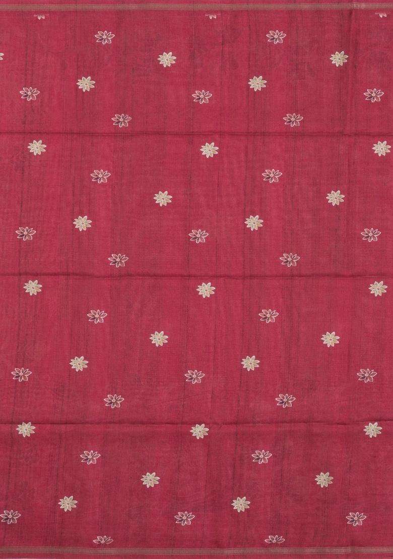 Pink Printed Synthetic Tussar Silk Saree With Contrast Border For Women - Indya