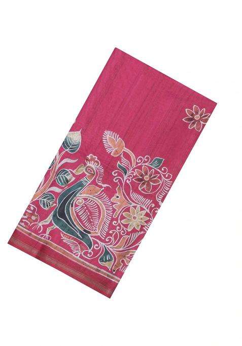 Pink Printed Synthetic Tussar Silk Saree With Contrast Border For Women