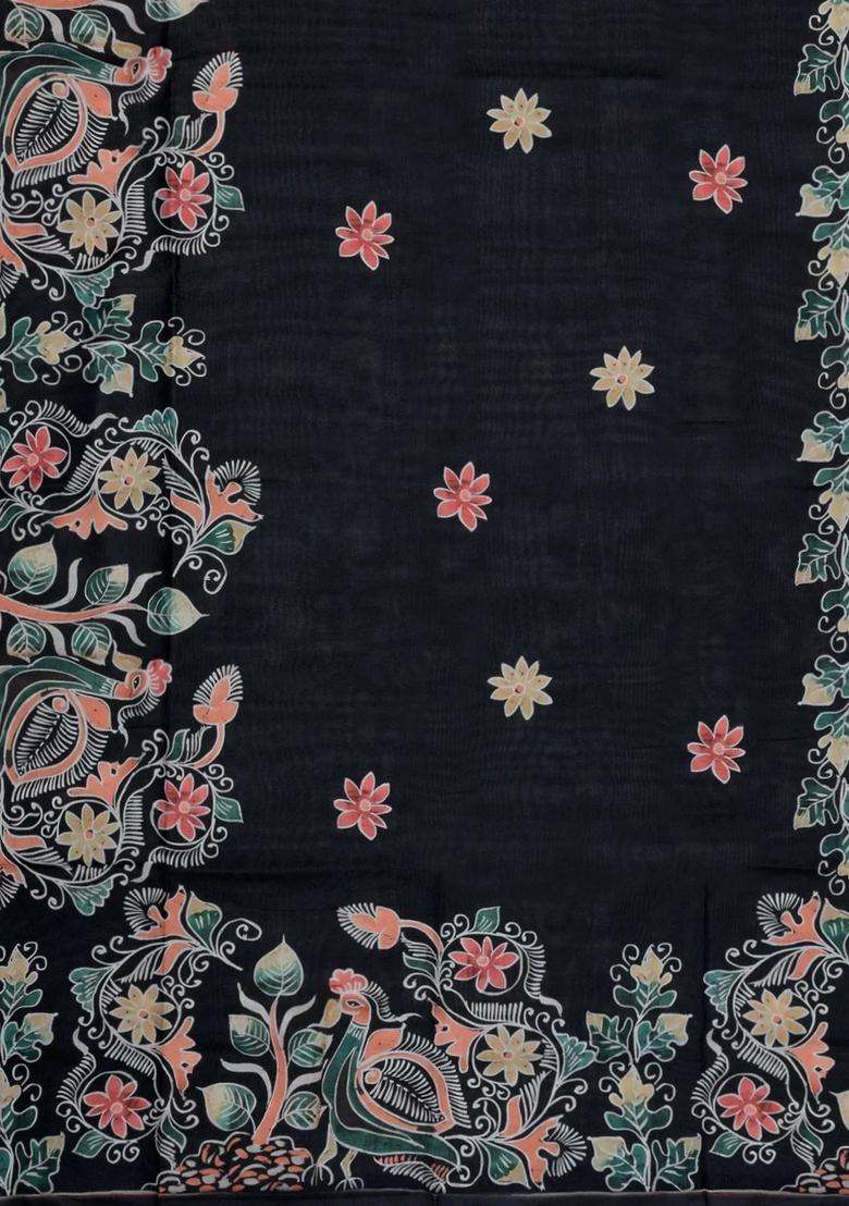 Black Printed Synthetic Tussar Silk Saree With Contrast Border For Women - Indya