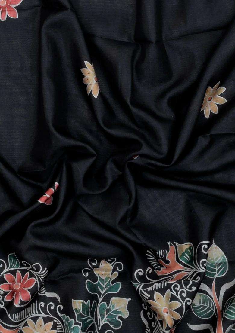 Black Printed Synthetic Tussar Silk Saree With Contrast Border For Women - Indya