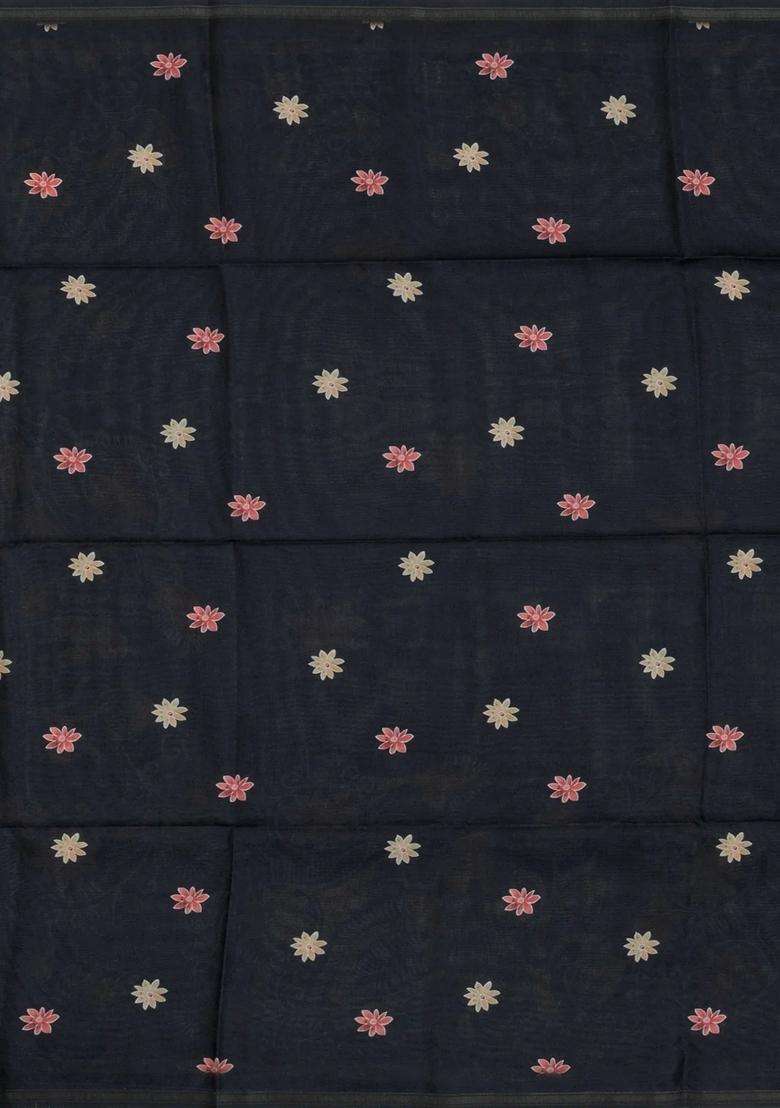 Black Printed Synthetic Tussar Silk Saree With Contrast Border For Women - Indya