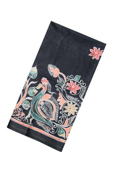 Black Printed Synthetic Tussar Silk Saree With Contrast Border For Women