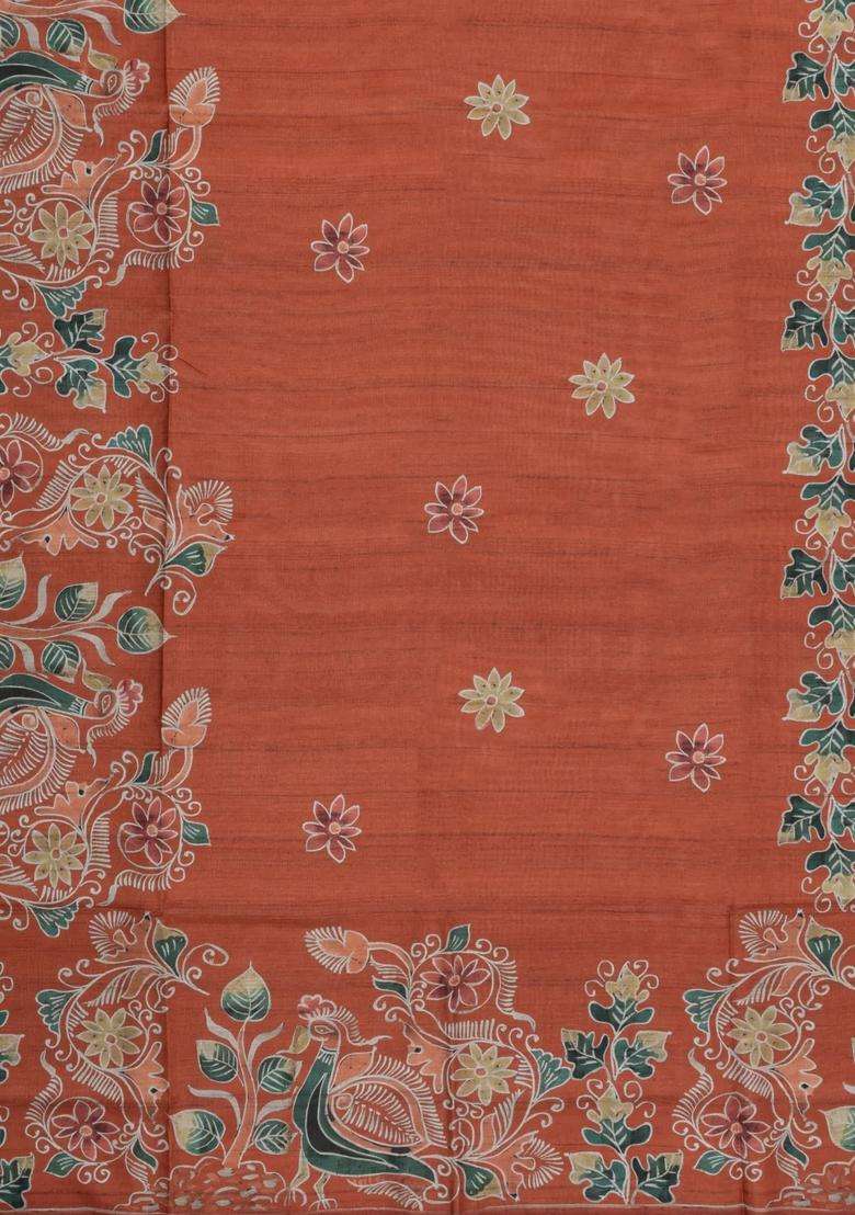 Rust Printed Synthetic Tussar Silk Saree With Contrast Border For Women - Indya