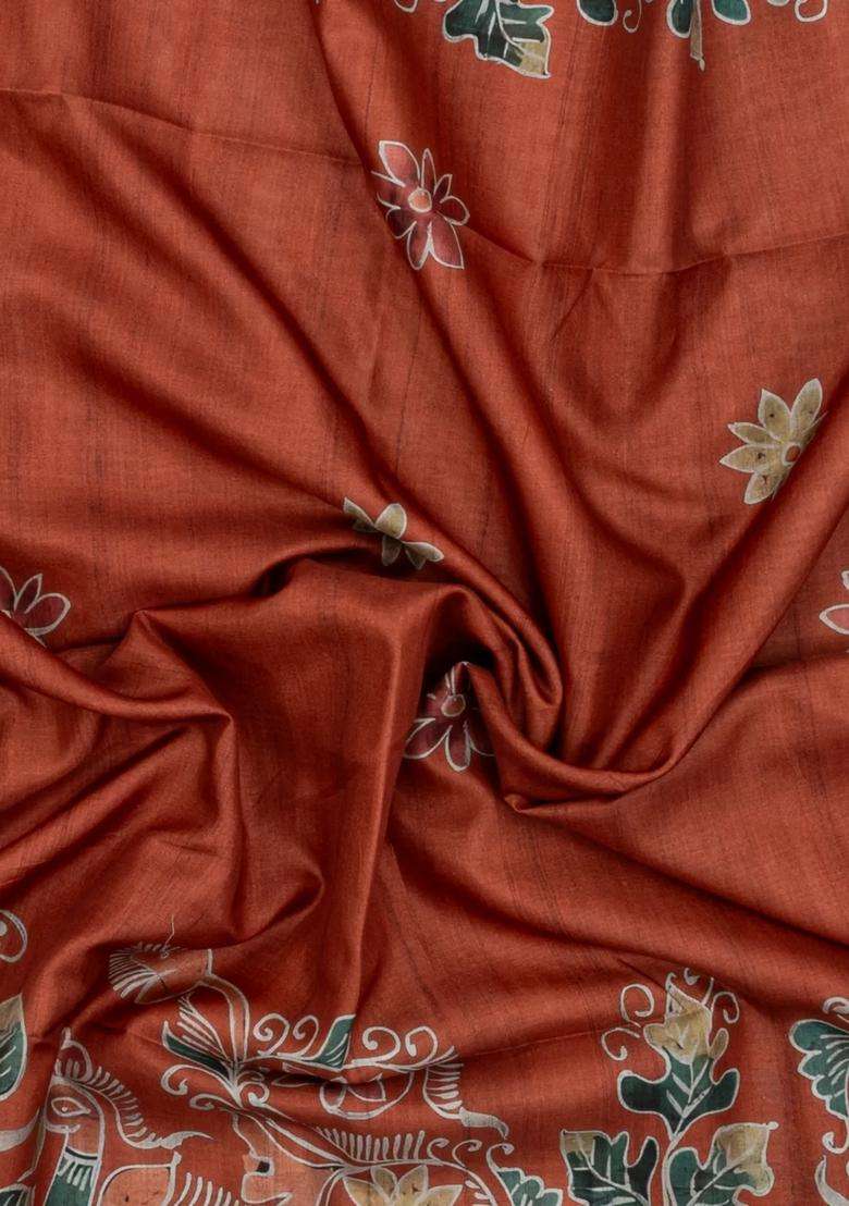 Rust Printed Synthetic Tussar Silk Saree With Contrast Border For Women - Indya