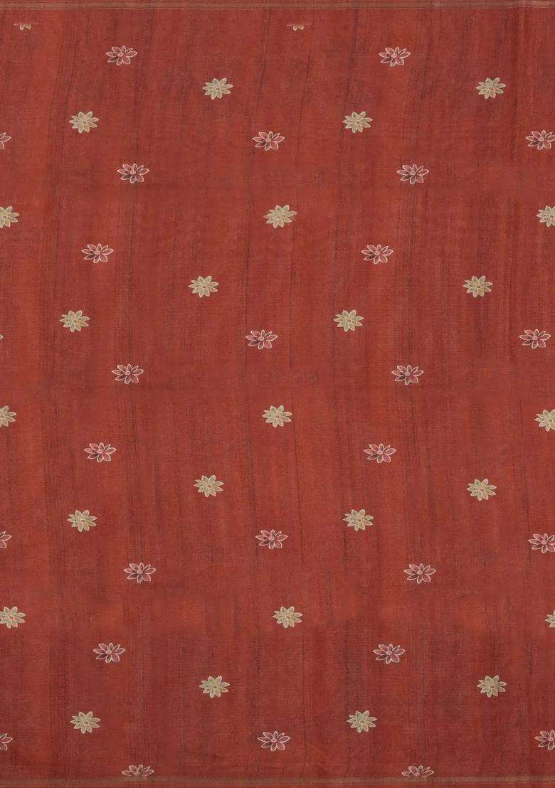 Rust Printed Synthetic Tussar Silk Saree With Contrast Border For Women - Indya