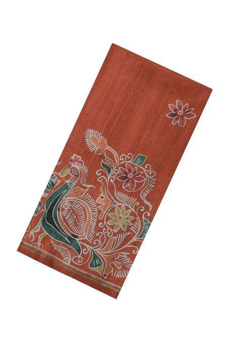 Rust Printed Synthetic Tussar Silk Saree With Contrast Border For Women