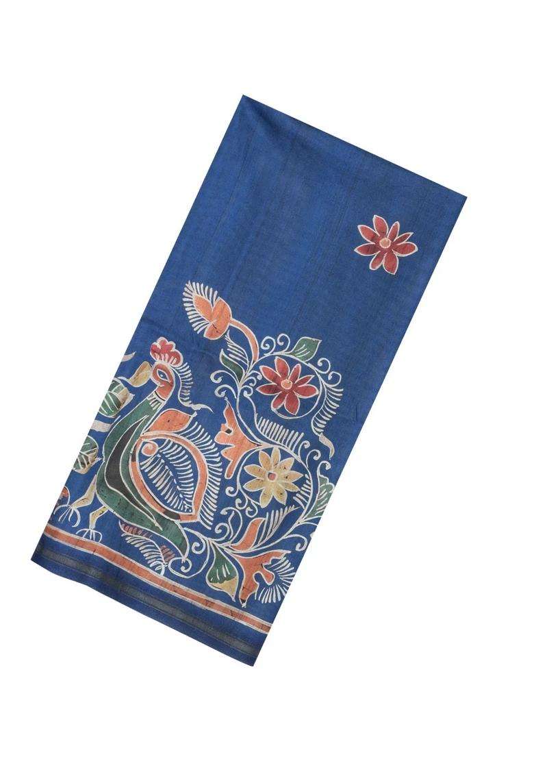 Indigo Printed Synthetic Tussar Silk Saree With Contrast Border For Women - Indya