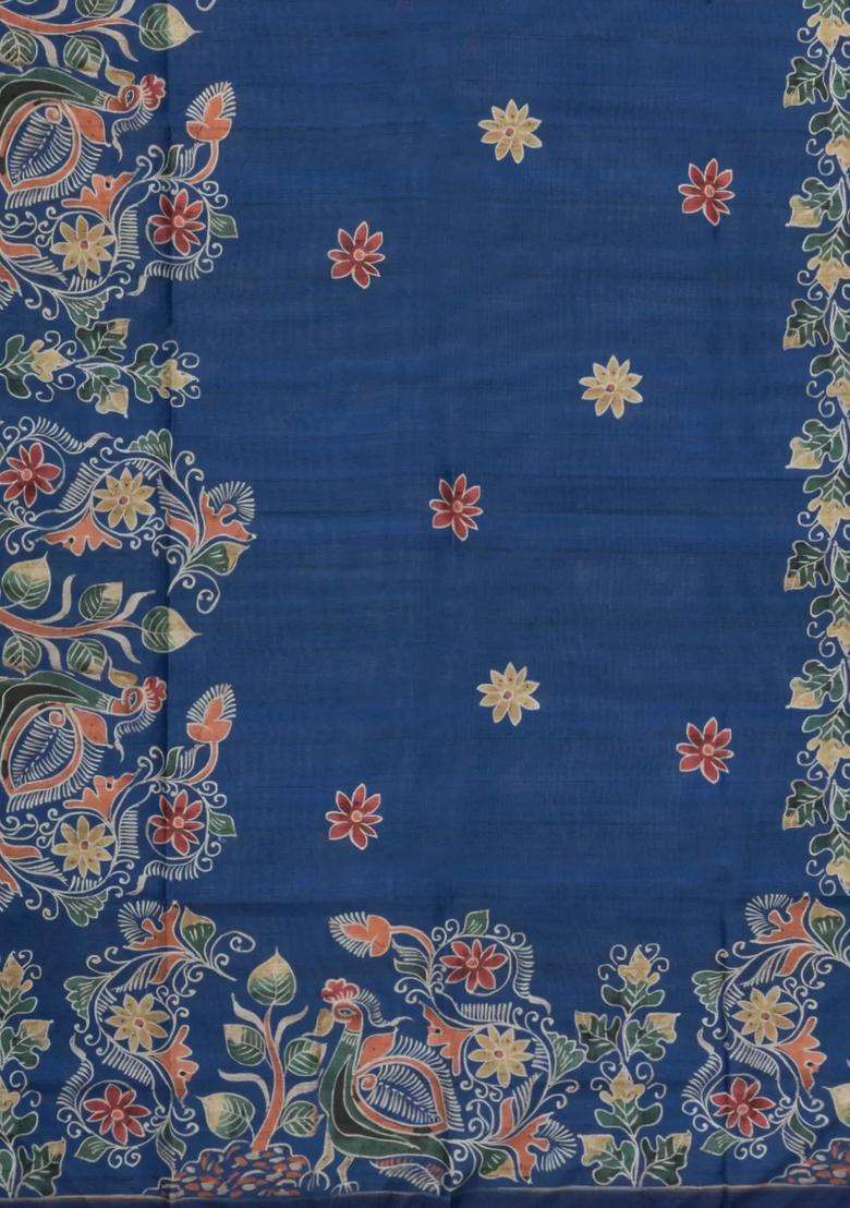 Indigo Printed Synthetic Tussar Silk Saree With Contrast Border For Women - Indya