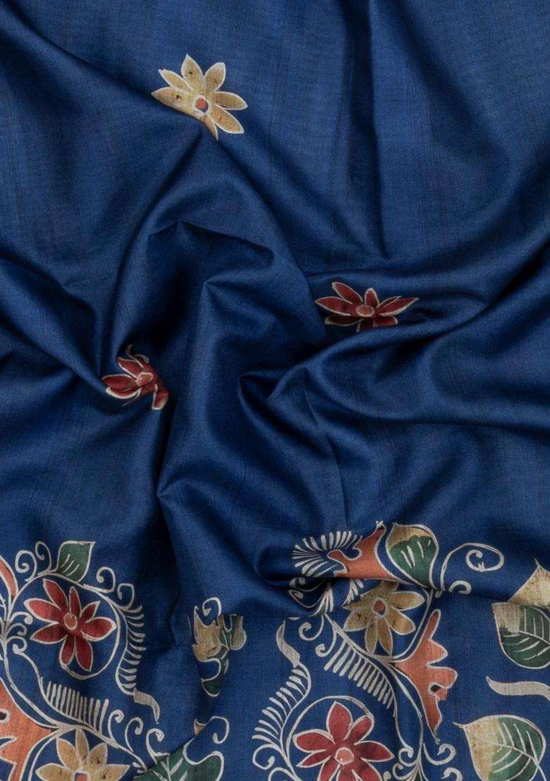 Indigo Printed Synthetic Tussar Silk Saree With Contrast Border For Women - Indya