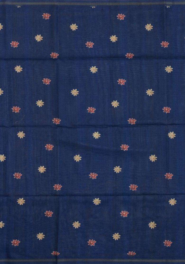 Indigo Printed Synthetic Tussar Silk Saree With Contrast Border For Women - Indya