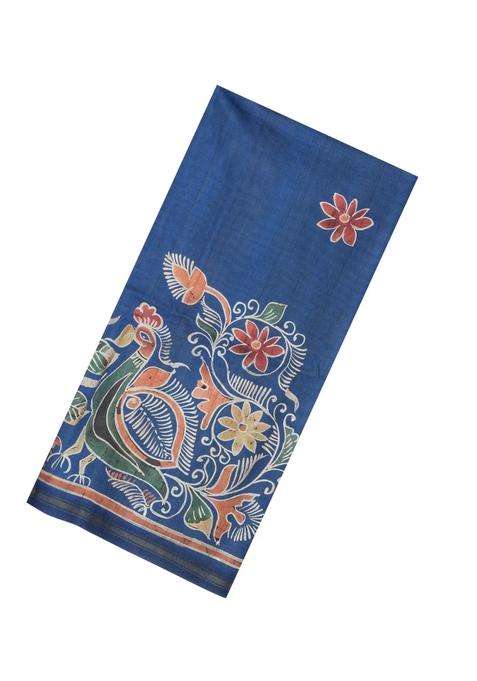 Indigo Printed Synthetic Tussar Silk Saree With Contrast Border For Women
