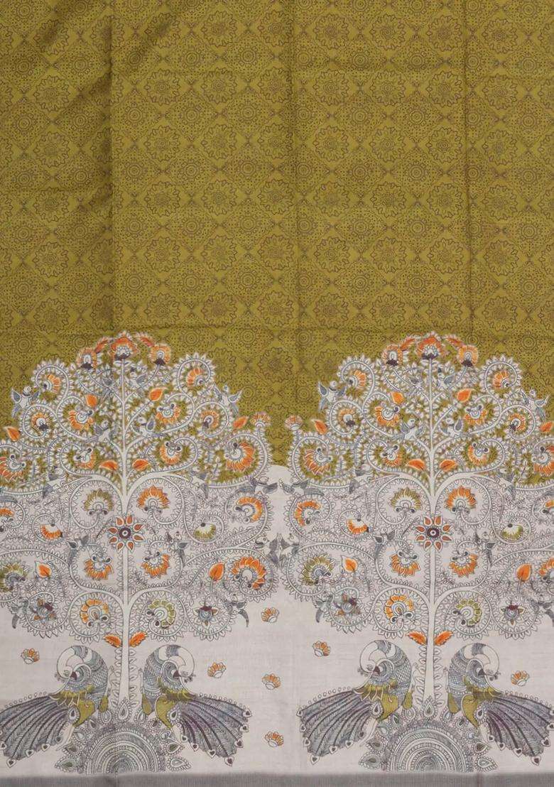 Olive Green Printed Synthetic Tussar Silk Saree With Contrast Temple Border For Women - Indya