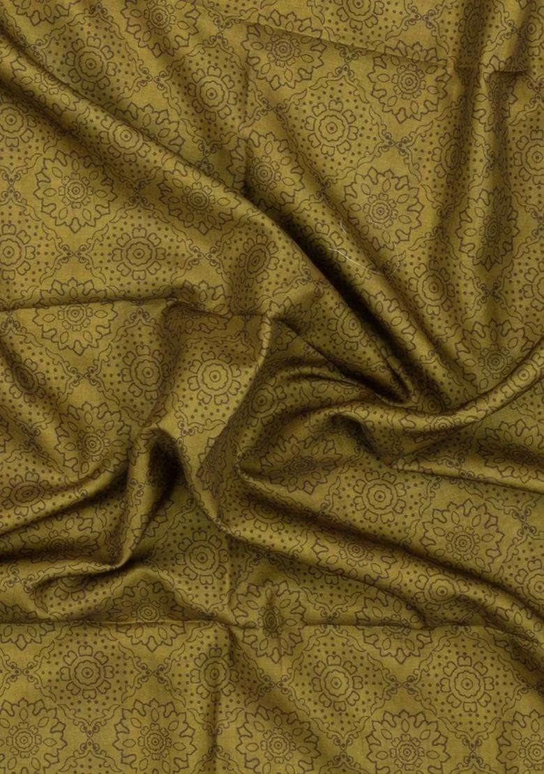 Olive Green Printed Synthetic Tussar Silk Saree With Contrast Temple Border For Women - Indya