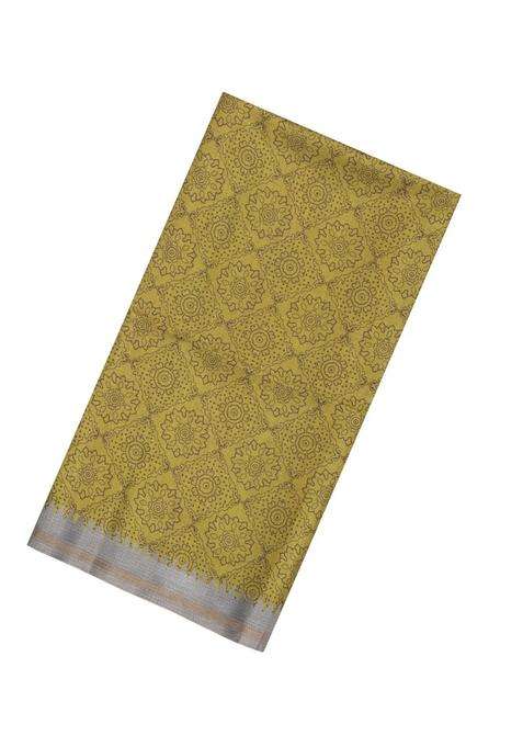 Olive Green Printed Synthetic Tussar Silk Saree With Contrast Temple Border For Women
