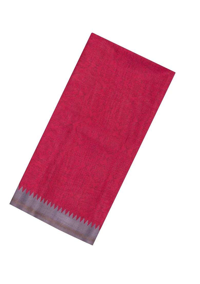 Crimson Printed Synthetic Tussar Silk Saree With Contrast Temple Border For Women - Indya