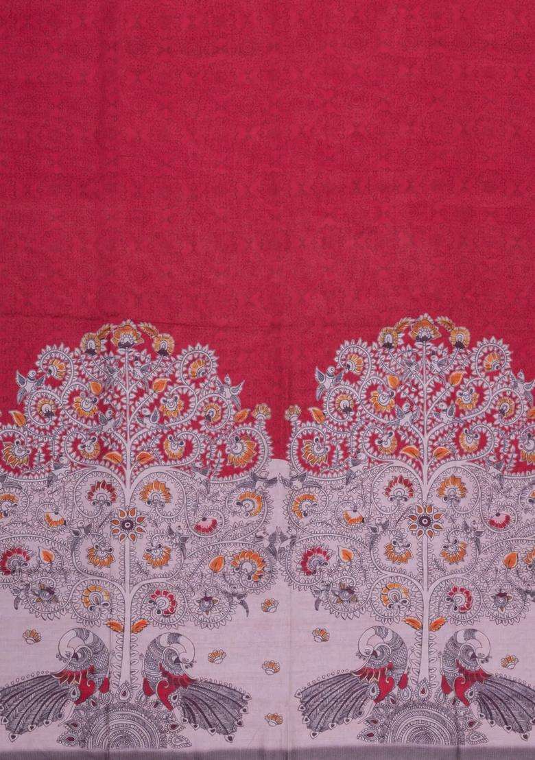 Crimson Printed Synthetic Tussar Silk Saree With Contrast Temple Border For Women - Indya
