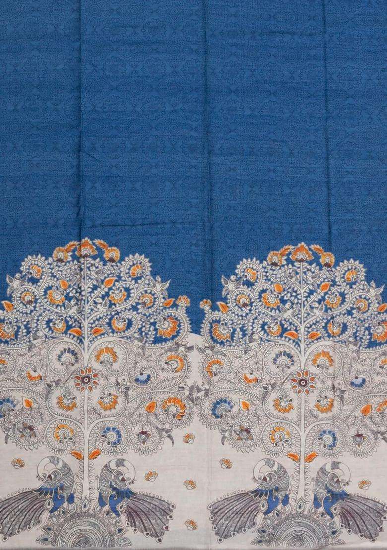 Blue Printed Synthetic Tussar Silk Saree With Contrast Temple Border For Women - Indya