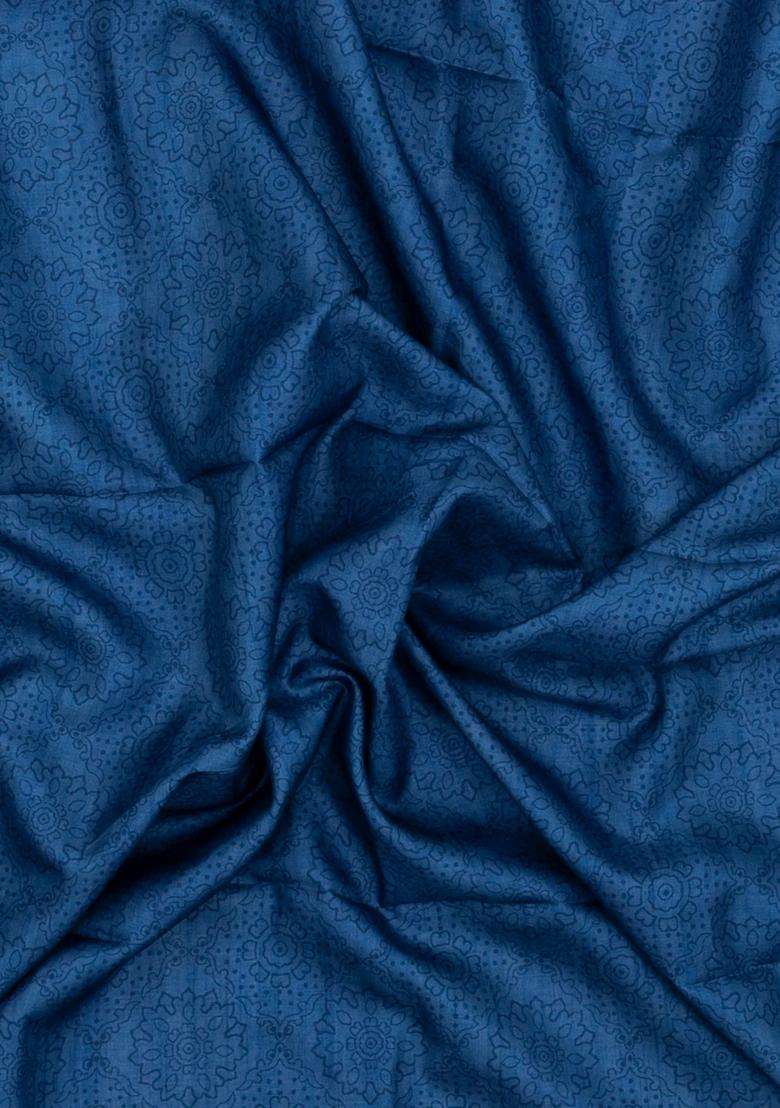 Blue Printed Synthetic Tussar Silk Saree With Contrast Temple Border For Women - Indya